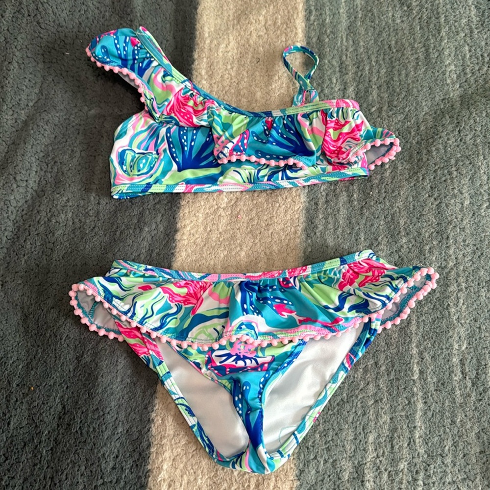 Pink printed swimsuit bikini tassel size 6-7 yrs old
